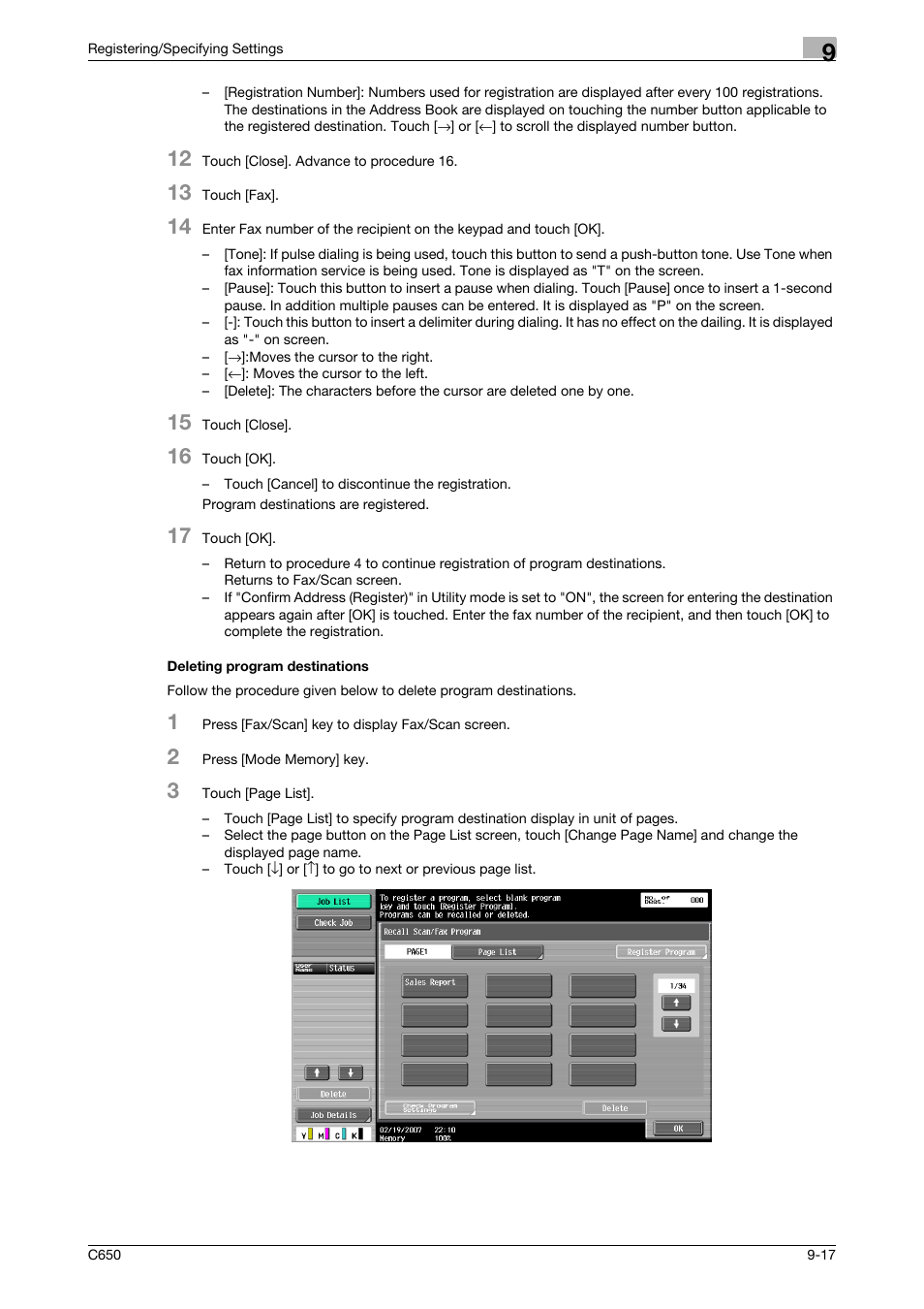 Deleting program destinations, Deleting program destinations -17 | Konica Minolta FK-502 User Manual | Page 205 / 361