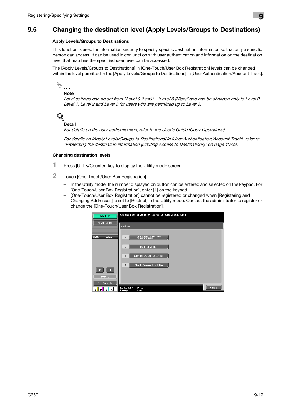 Apply levels/groups to destinations, Changing destination levels | Konica Minolta FK-502 User Manual | Page 207 / 361