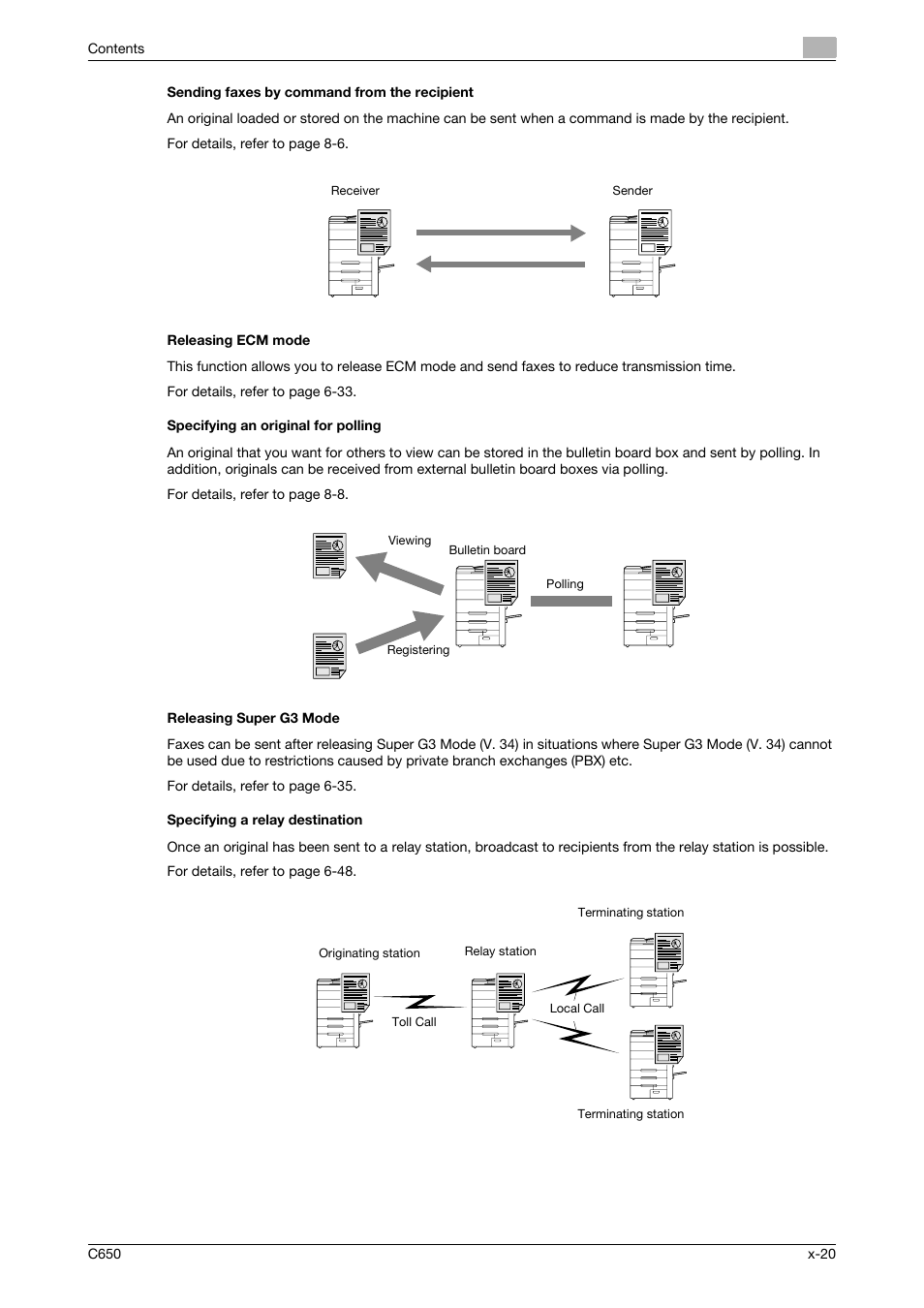 Sending faxes by command from the recipient, Releasing ecm mode, Specifying an original for polling | Releasing super g3 mode, Specifying a relay destination | Konica Minolta FK-502 User Manual | Page 21 / 361