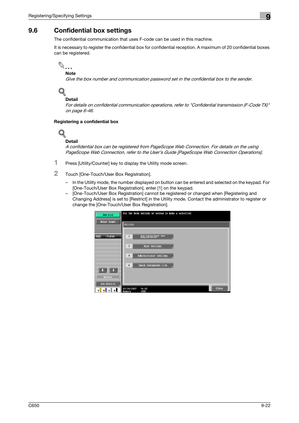 6 confidential box settings, Registering a confidential box | Konica Minolta FK-502 User Manual | Page 210 / 361