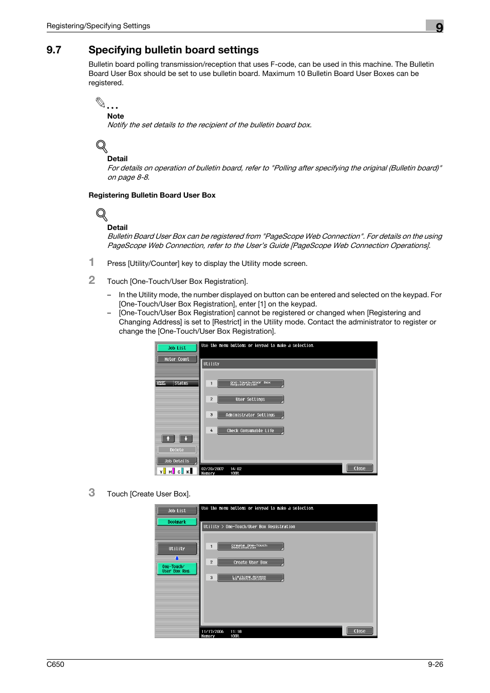 7 specifying bulletin board settings, Registering bulletin board user box | Konica Minolta FK-502 User Manual | Page 214 / 361