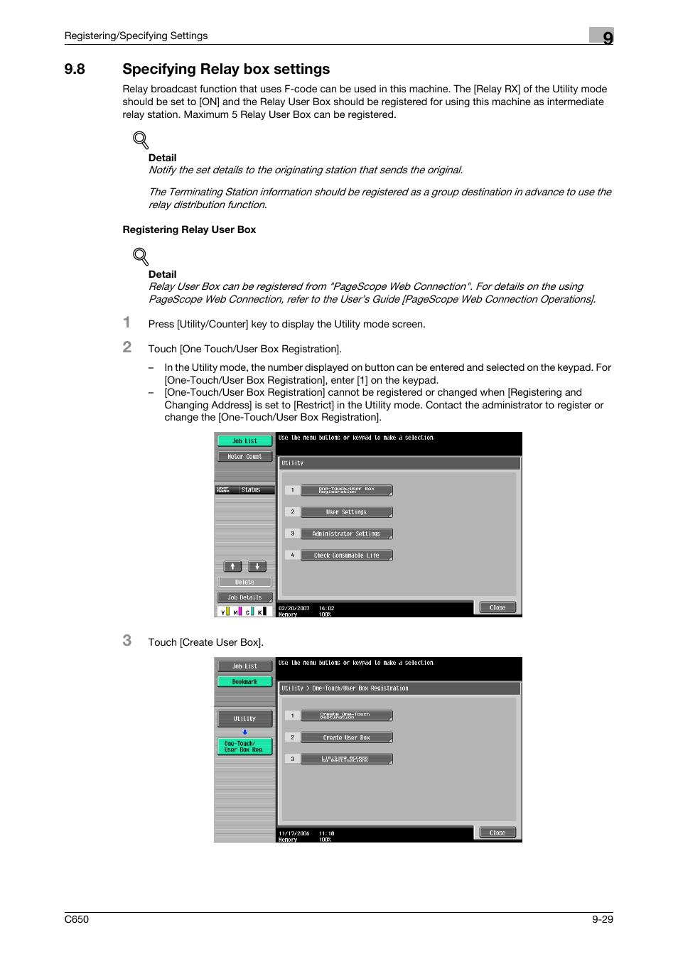 8 specifying relay box settings, Registering relay user box | Konica Minolta FK-502 User Manual | Page 217 / 361