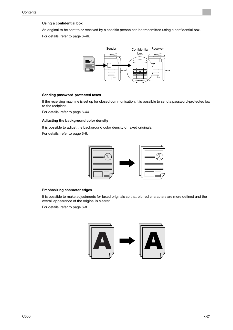 Using a confidential box, Sending password-protected faxes, Adjusting the background color density | Emphasizing character edges | Konica Minolta FK-502 User Manual | Page 22 / 361