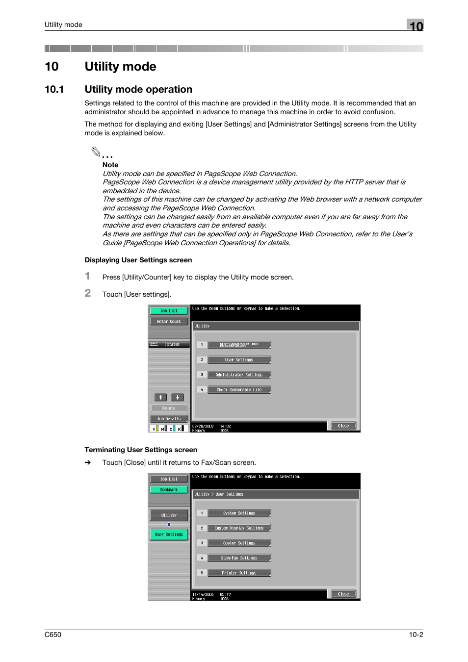 10 utility mode, 1 utility mode operation, Displaying user settings screen | Terminating user settings screen | Konica Minolta FK-502 User Manual | Page 222 / 361