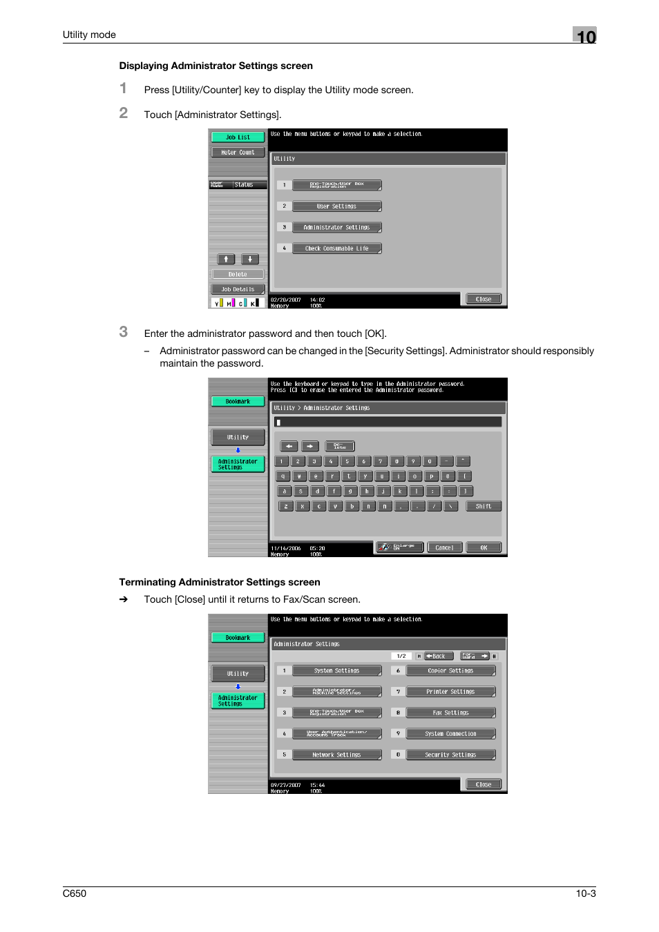 Displaying administrator settings screen, Terminating administrator settings screen | Konica Minolta FK-502 User Manual | Page 223 / 361