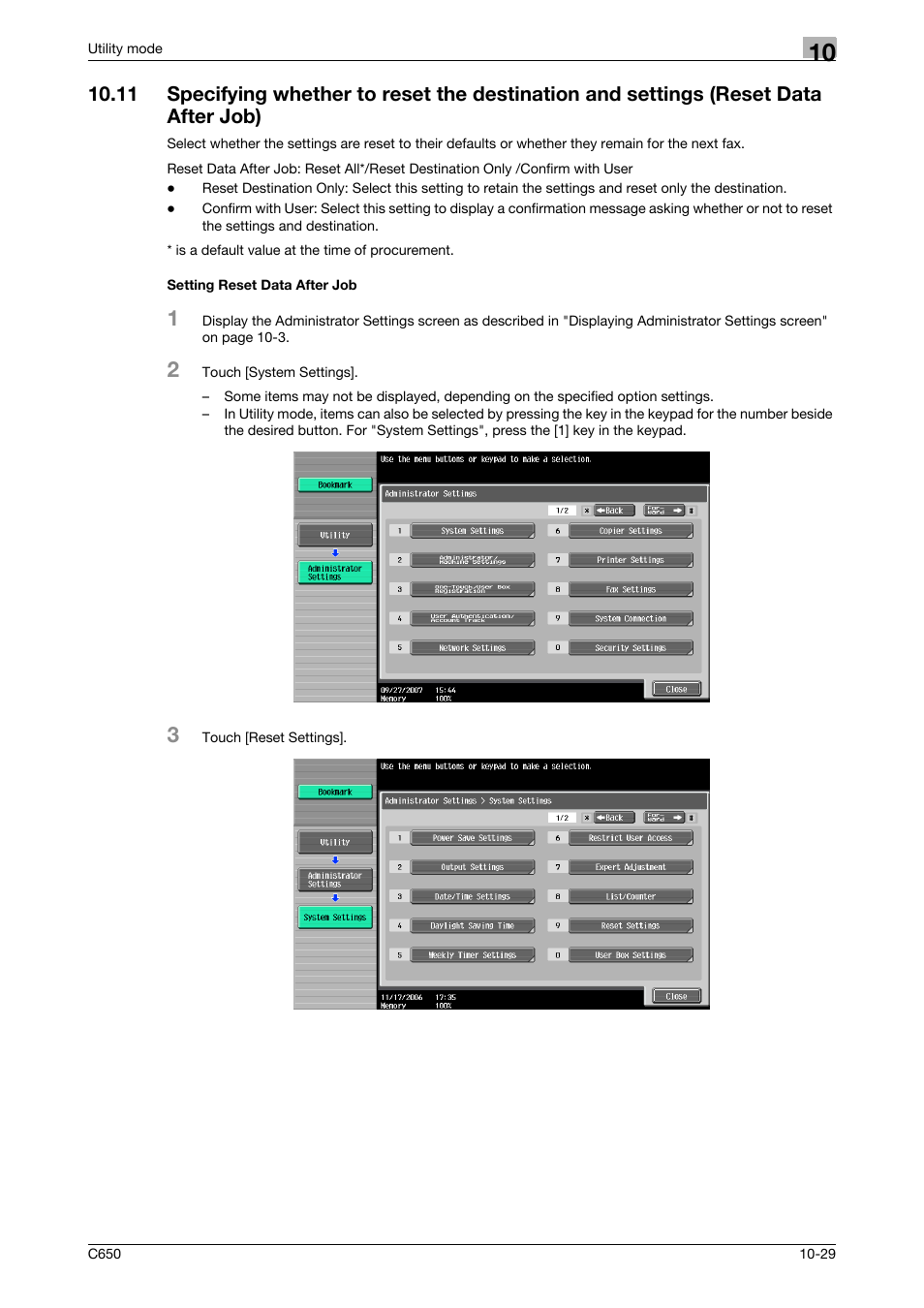 Setting reset data after job | Konica Minolta FK-502 User Manual | Page 249 / 361