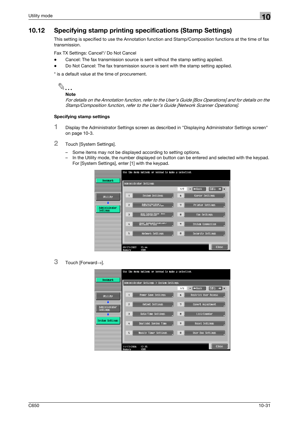 Specifying stamp settings | Konica Minolta FK-502 User Manual | Page 251 / 361