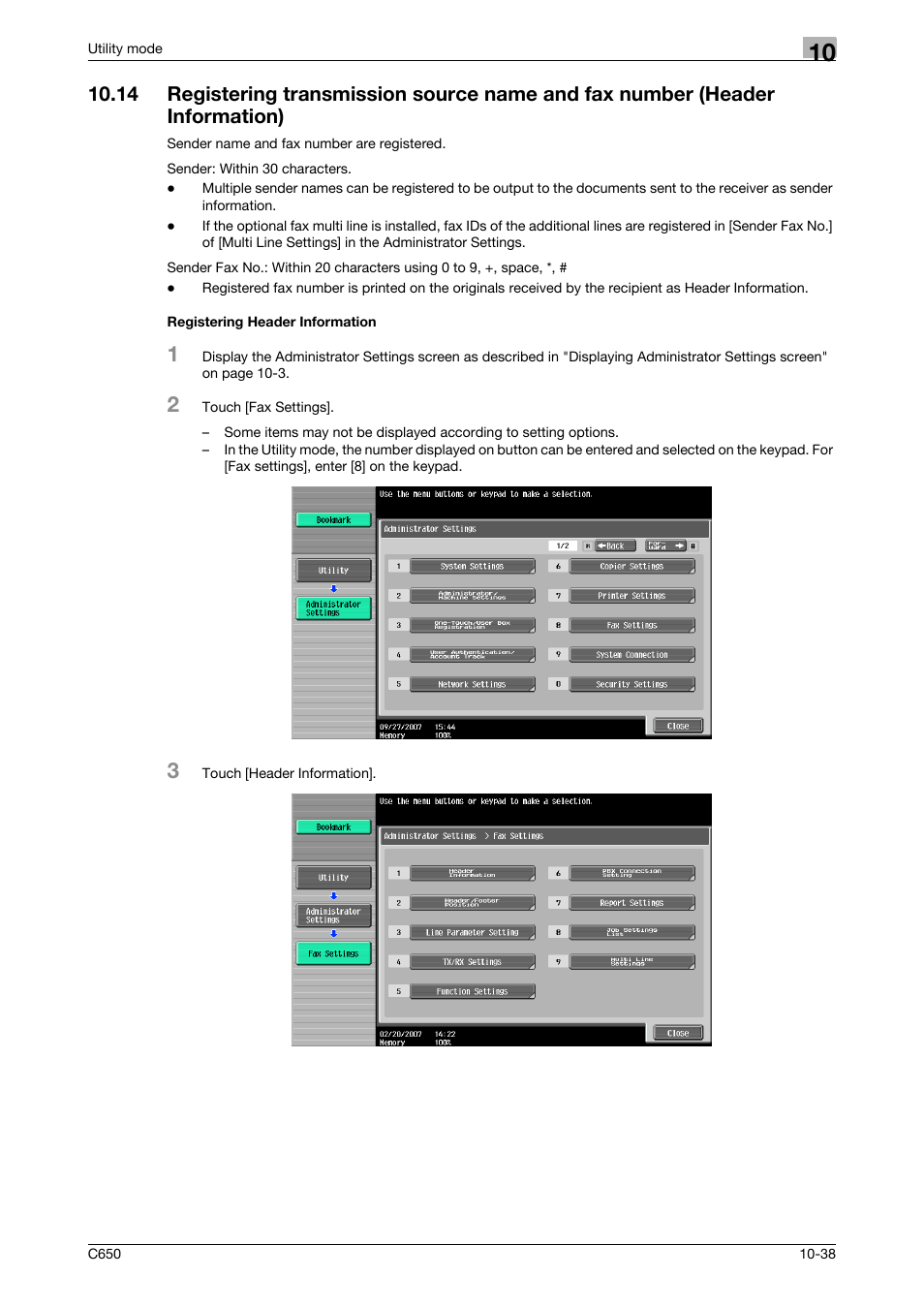 Registering header information | Konica Minolta FK-502 User Manual | Page 258 / 361