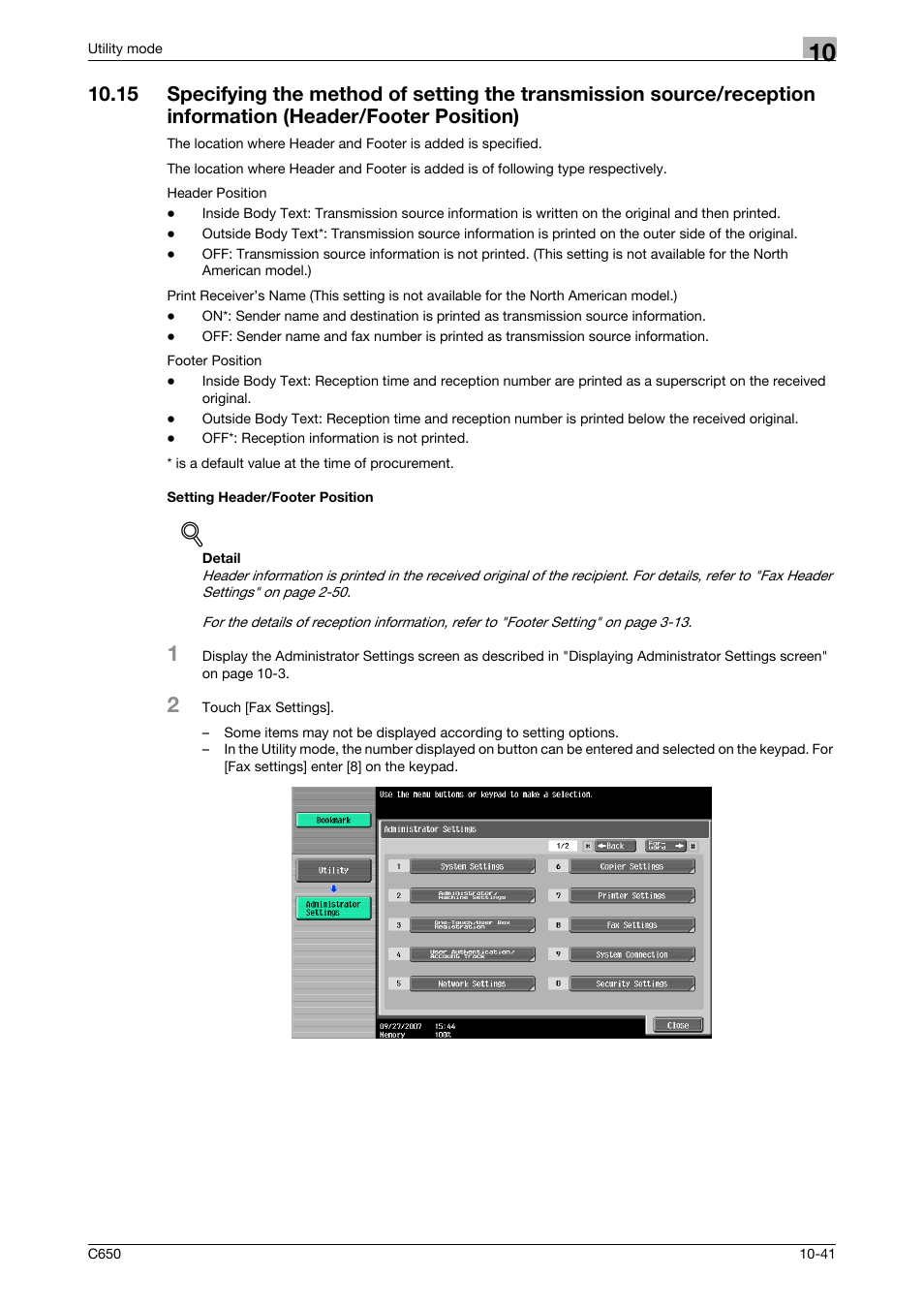Setting header/footer position | Konica Minolta FK-502 User Manual | Page 261 / 361