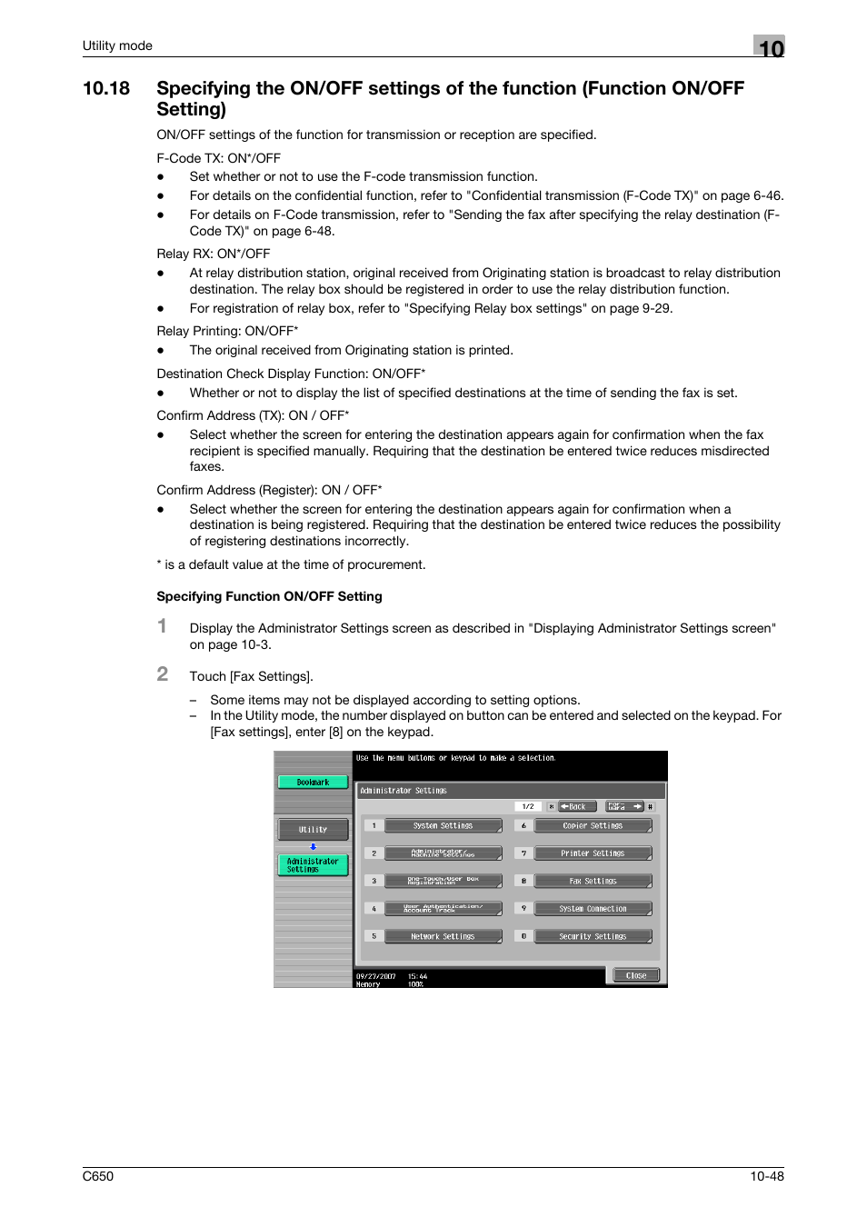 Specifying function on/off setting | Konica Minolta FK-502 User Manual | Page 268 / 361