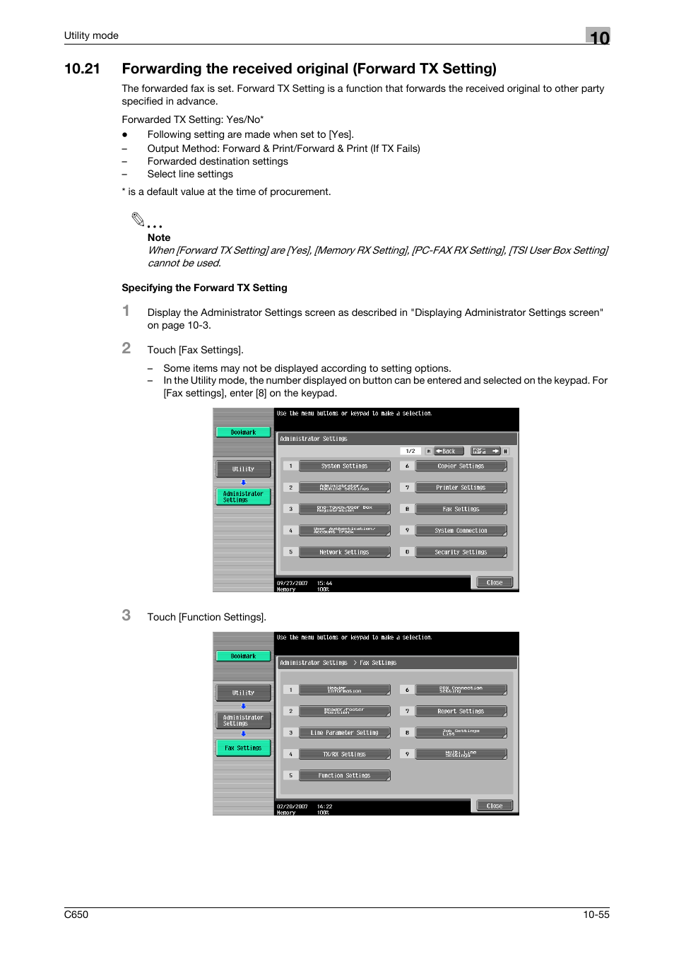 Specifying the forward tx setting | Konica Minolta FK-502 User Manual | Page 275 / 361