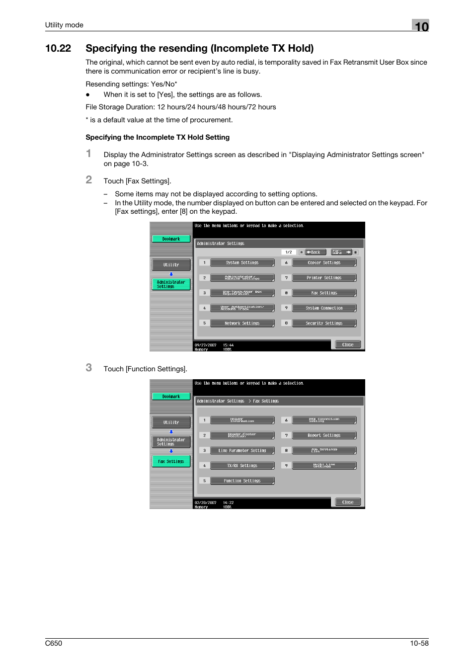 22 specifying the resending (incomplete tx hold), Specifying the incomplete tx hold setting | Konica Minolta FK-502 User Manual | Page 278 / 361