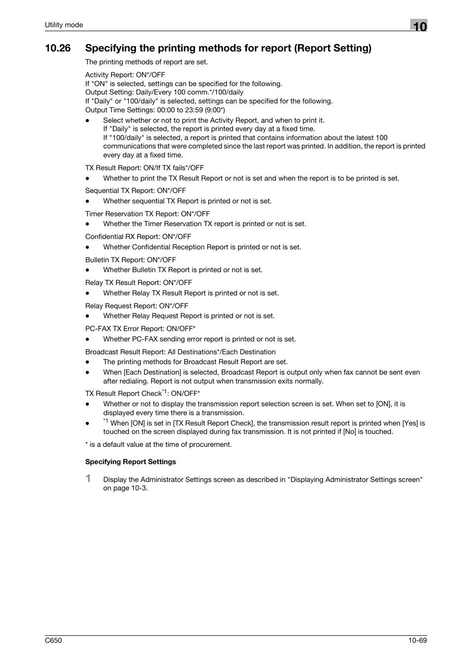 Specifying report settings | Konica Minolta FK-502 User Manual | Page 289 / 361