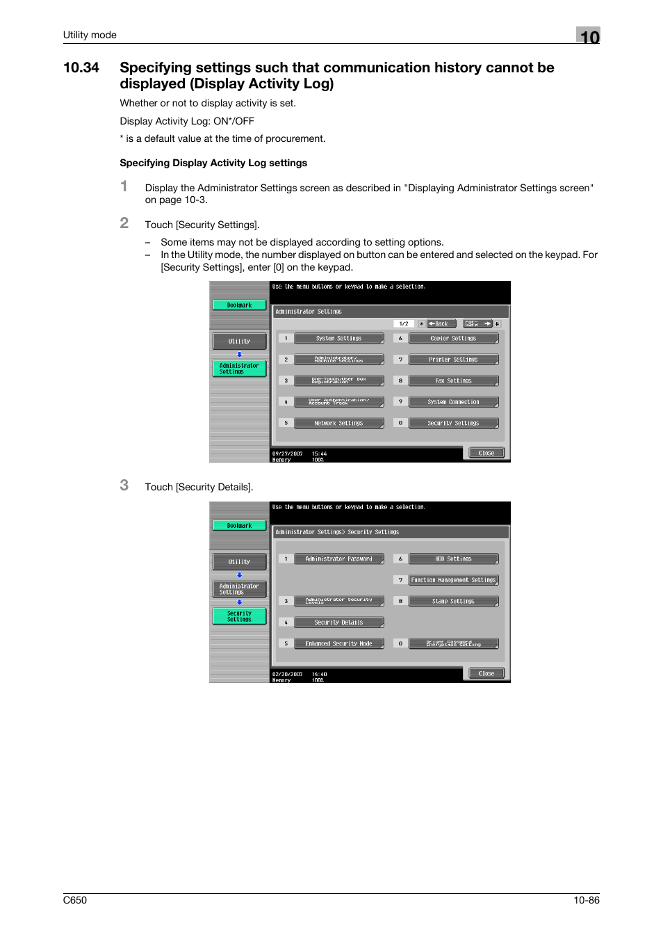 Specifying display activity log settings | Konica Minolta FK-502 User Manual | Page 306 / 361