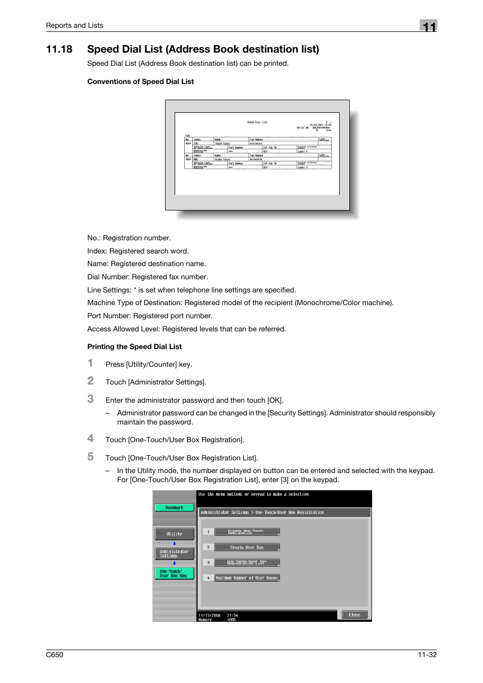 18 speed dial list (address book destination list), Conventions of speed dial list, Printing the speed dial list | Konica Minolta FK-502 User Manual | Page 339 / 361