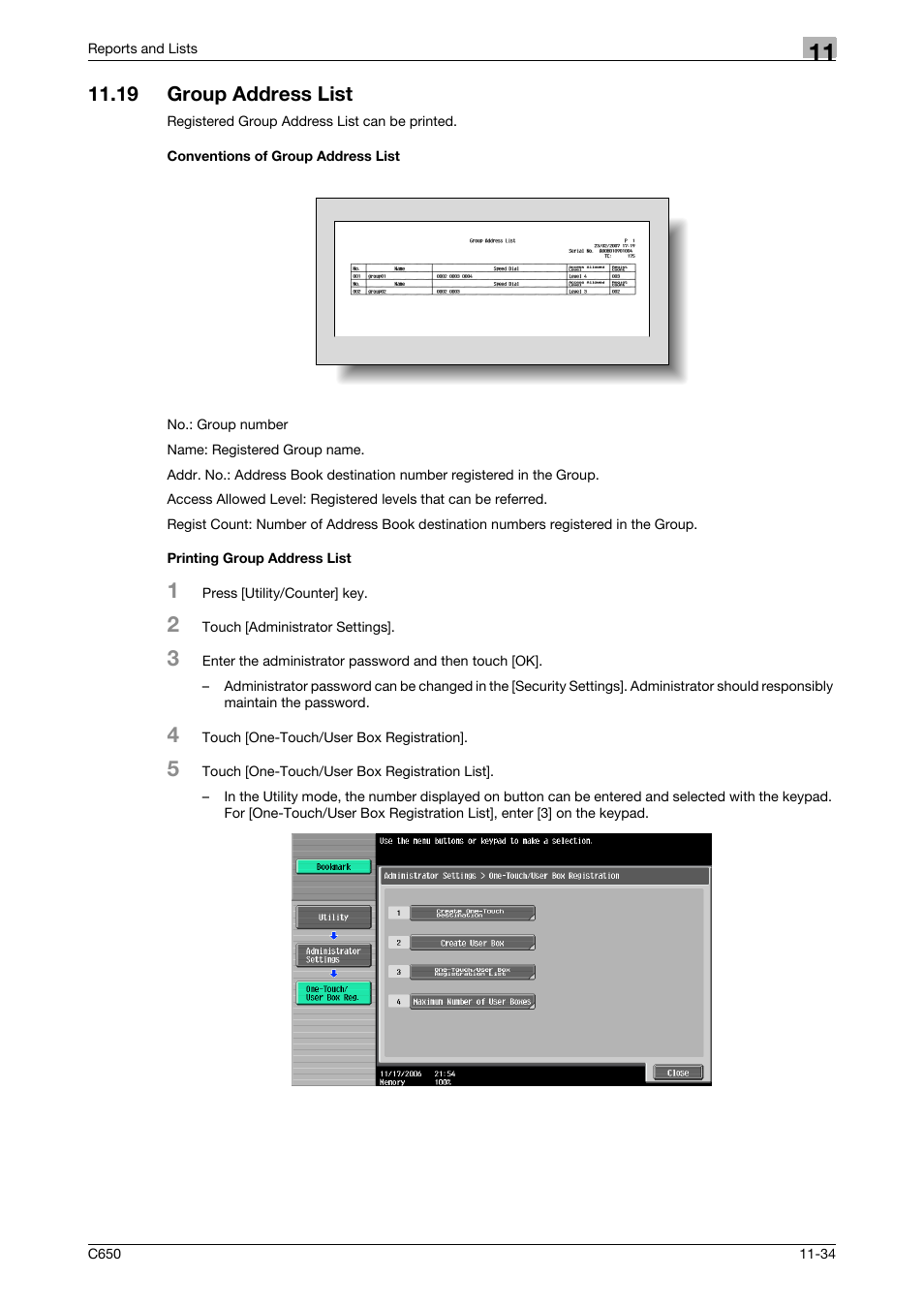 19 group address list, Conventions of group address list, Printing group address list | Konica Minolta FK-502 User Manual | Page 341 / 361