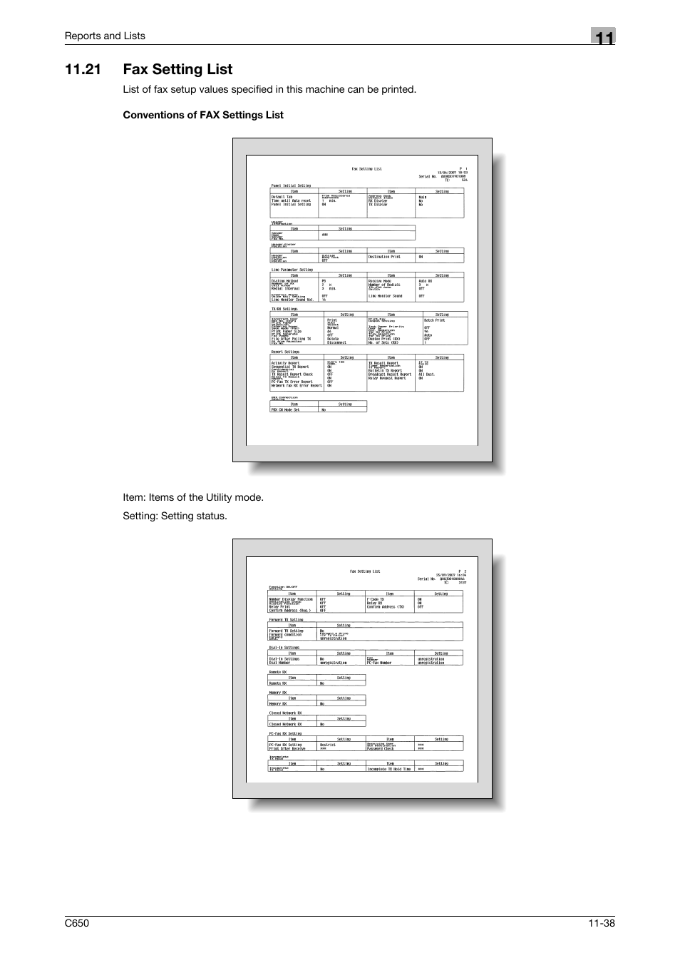 21 fax setting list, Conventions of fax settings list | Konica Minolta FK-502 User Manual | Page 345 / 361