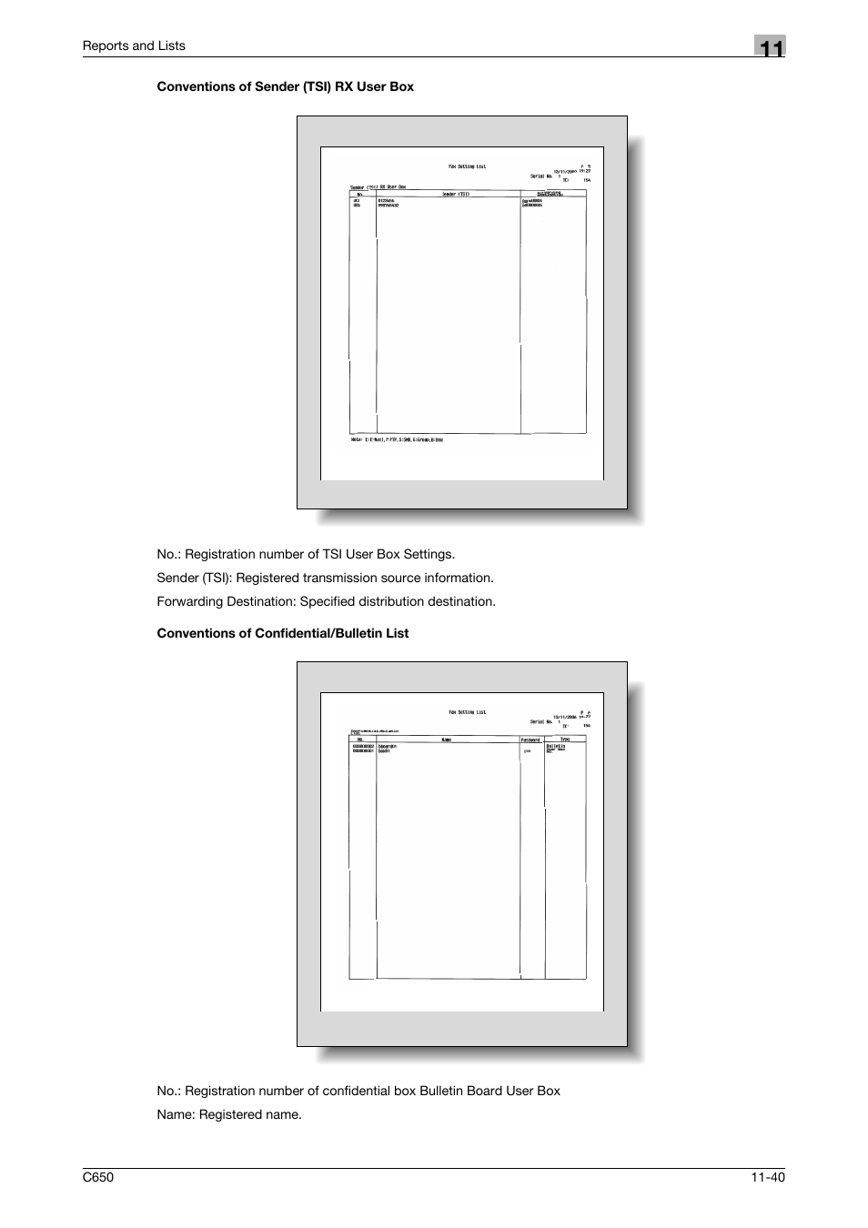 Conventions of sender (tsi) rx user box, Conventions of confidential/bulletin list | Konica Minolta FK-502 User Manual | Page 347 / 361