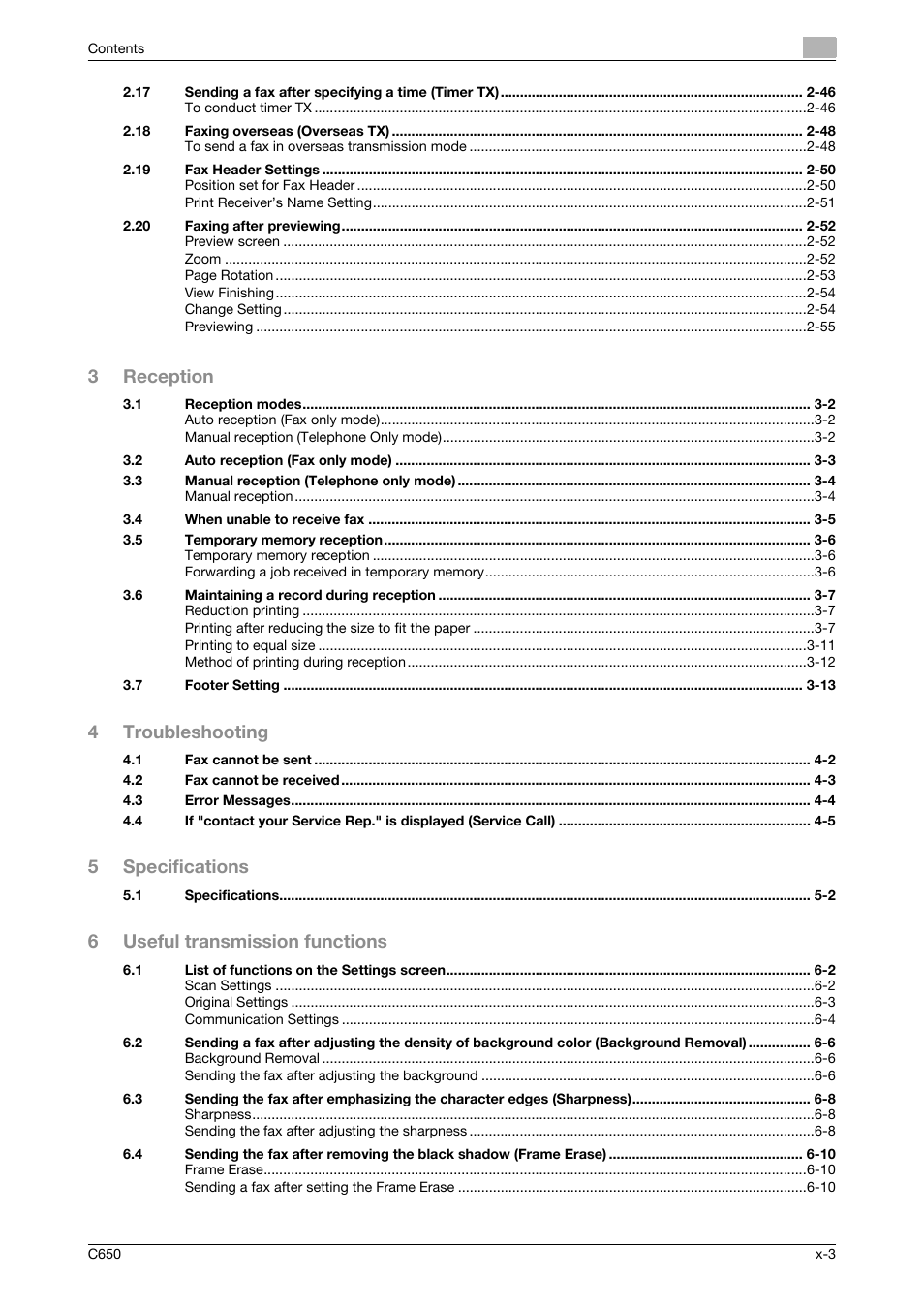 3reception, 4troubleshooting, 5specifications | 6useful transmission functions | Konica Minolta FK-502 User Manual | Page 4 / 361