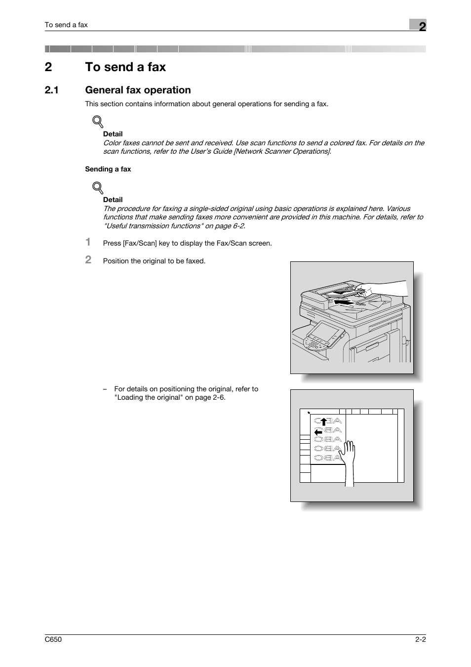 2 to send a fax, 1 general fax operation, Sending a fax | To send a fax, General fax operation -2 sending a fax -2, 2to send a fax | Konica Minolta FK-502 User Manual | Page 44 / 361