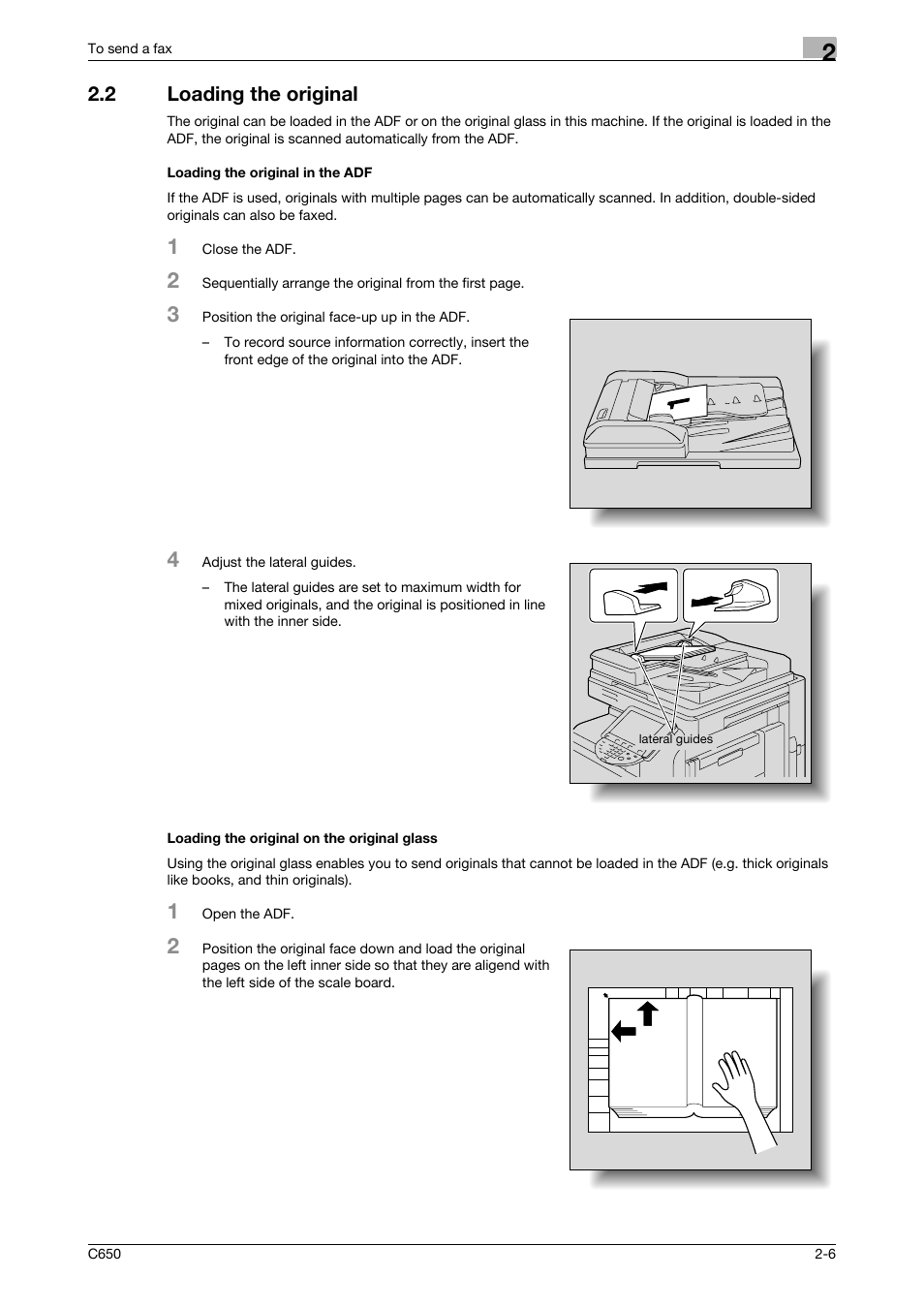 2 loading the original, Loading the original in the adf, Loading the original on the original glass | Konica Minolta FK-502 User Manual | Page 48 / 361