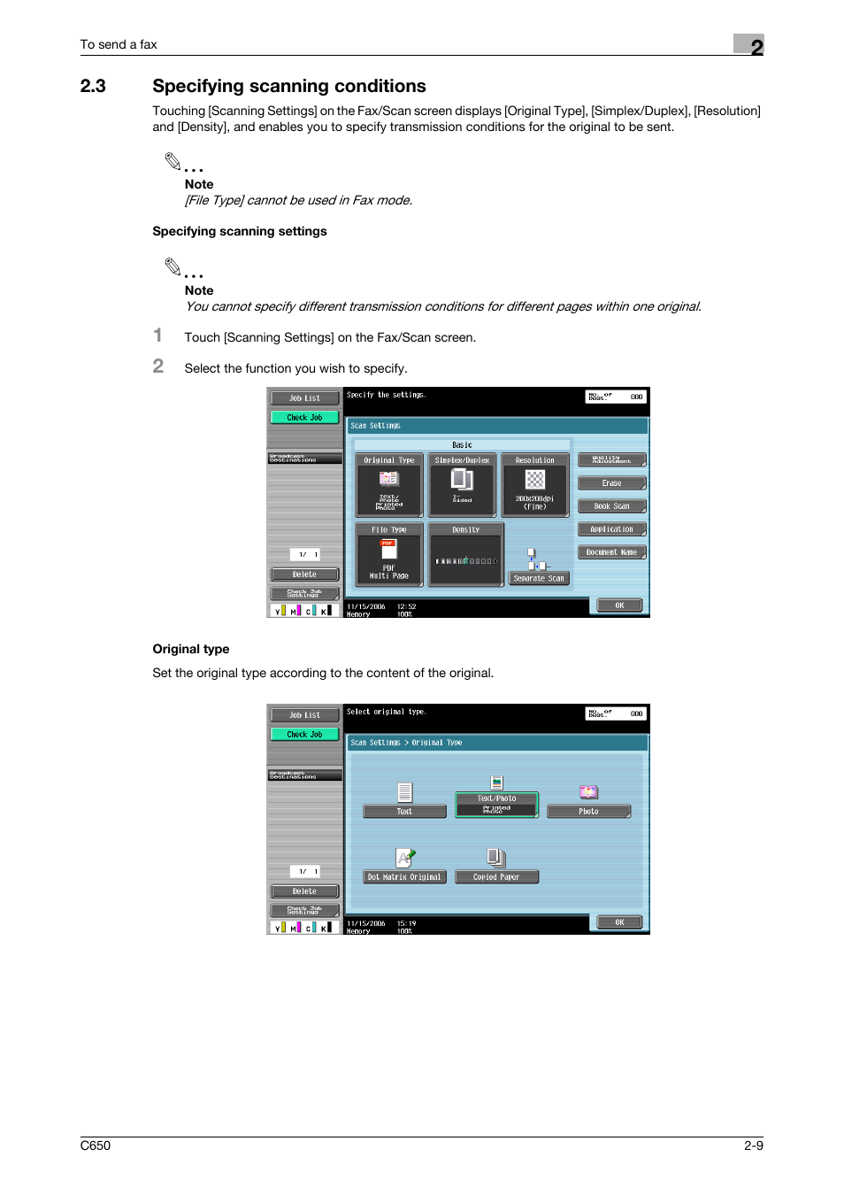 3 specifying scanning conditions, Specifying scanning settings, Original type | Konica Minolta FK-502 User Manual | Page 51 / 361