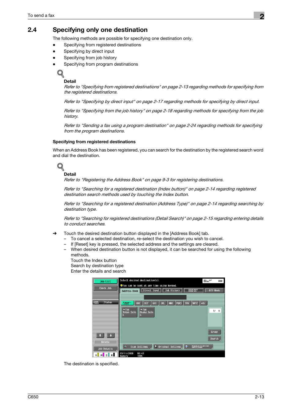 4 specifying only one destination, Specifying from registered destinations | Konica Minolta FK-502 User Manual | Page 55 / 361