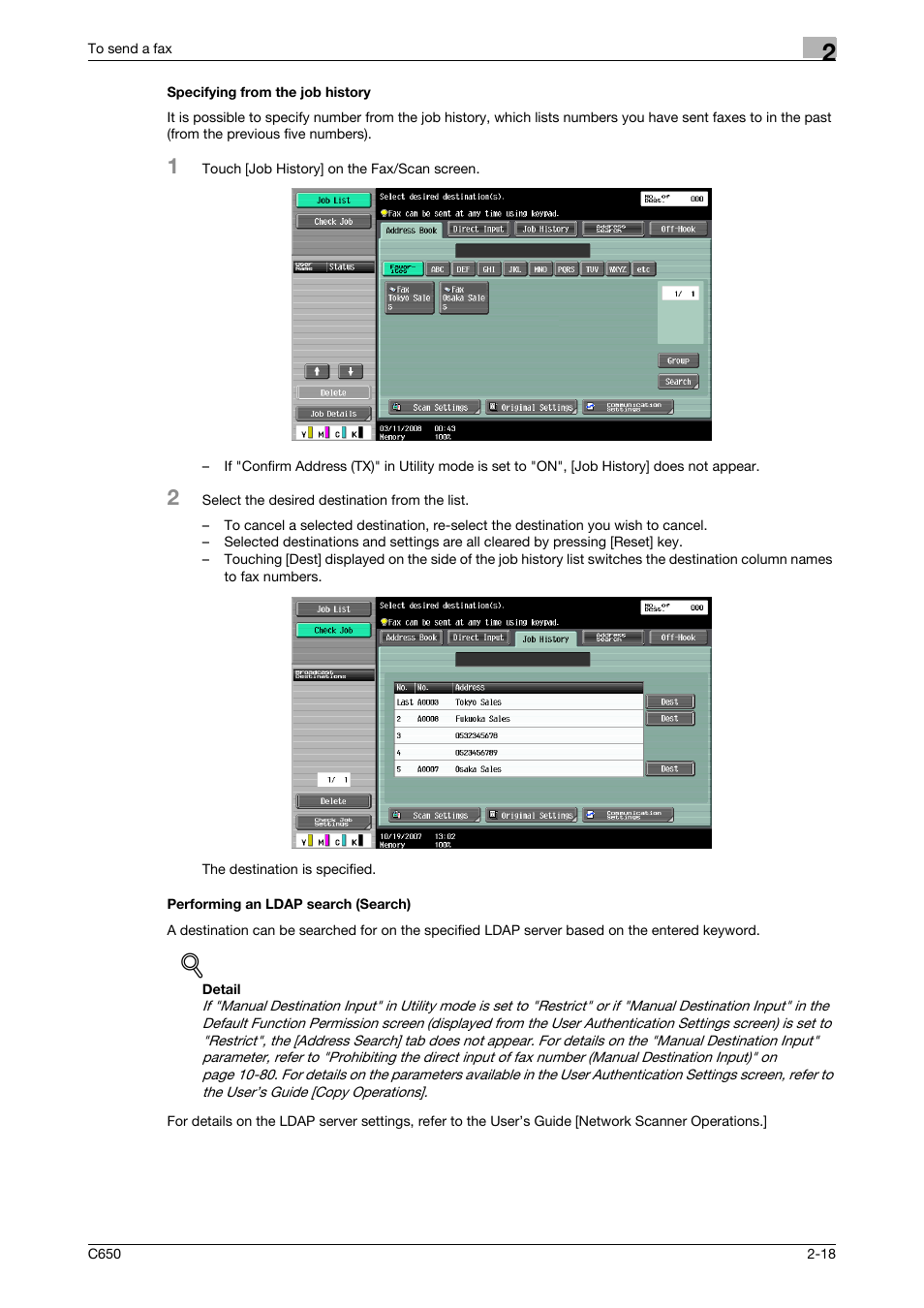 Specifying from the job history, Performing an ldap search (search) | Konica Minolta FK-502 User Manual | Page 60 / 361