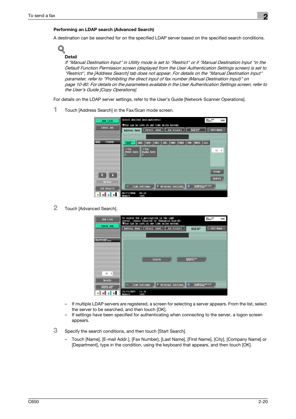 Performing an ldap search (advanced search), Performing an ldap search (advanced search) -20 | Konica Minolta FK-502 User Manual | Page 62 / 361