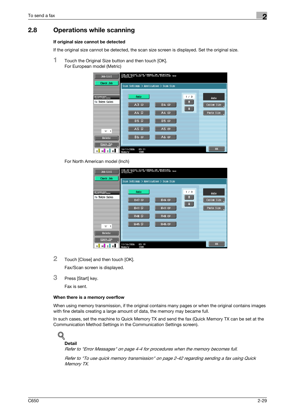 8 operations while scanning, If original size cannot be detected, When there is a memory overflow | Konica Minolta FK-502 User Manual | Page 71 / 361