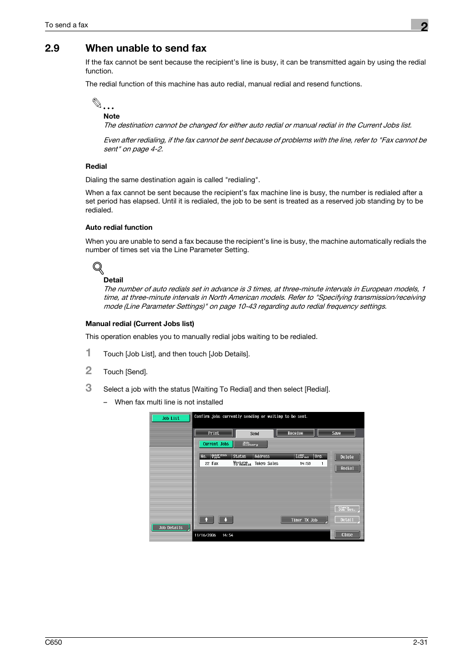 9 when unable to send fax, Redial, Auto redial function | Manual redial (current jobs list) | Konica Minolta FK-502 User Manual | Page 73 / 361