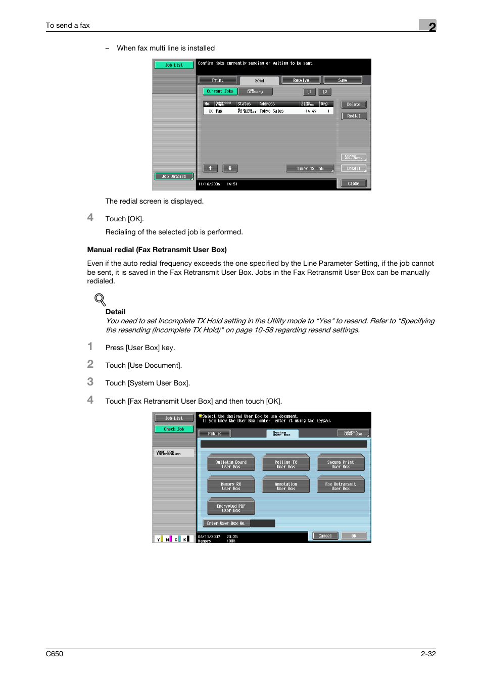 Manual redial (fax retransmit user box), Manual redial (fax retransmit user box) -32 | Konica Minolta FK-502 User Manual | Page 74 / 361