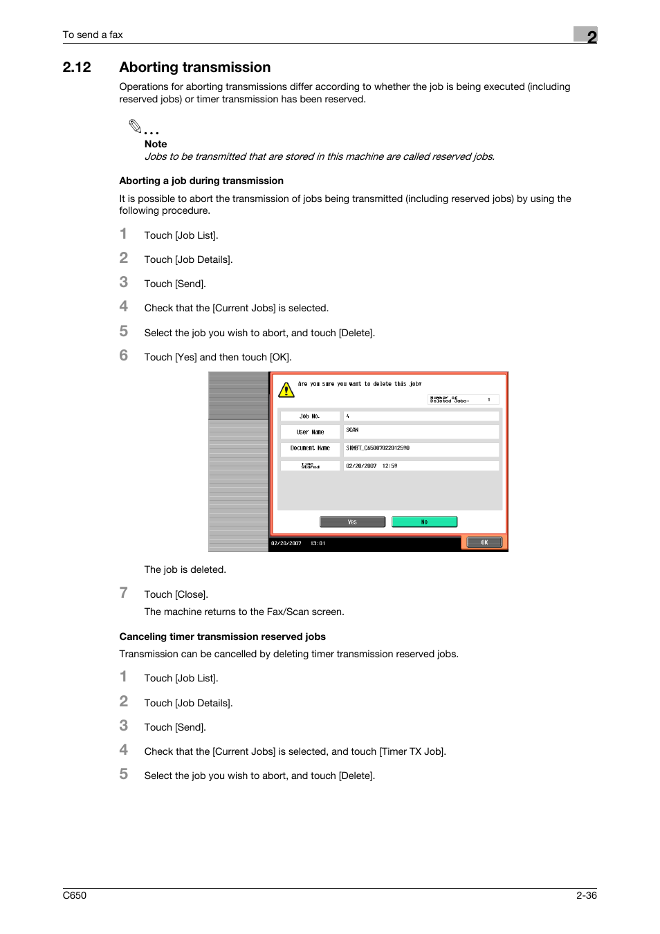 12 aborting transmission, Aborting a job during transmission, Canceling timer transmission reserved jobs | Konica Minolta FK-502 User Manual | Page 78 / 361