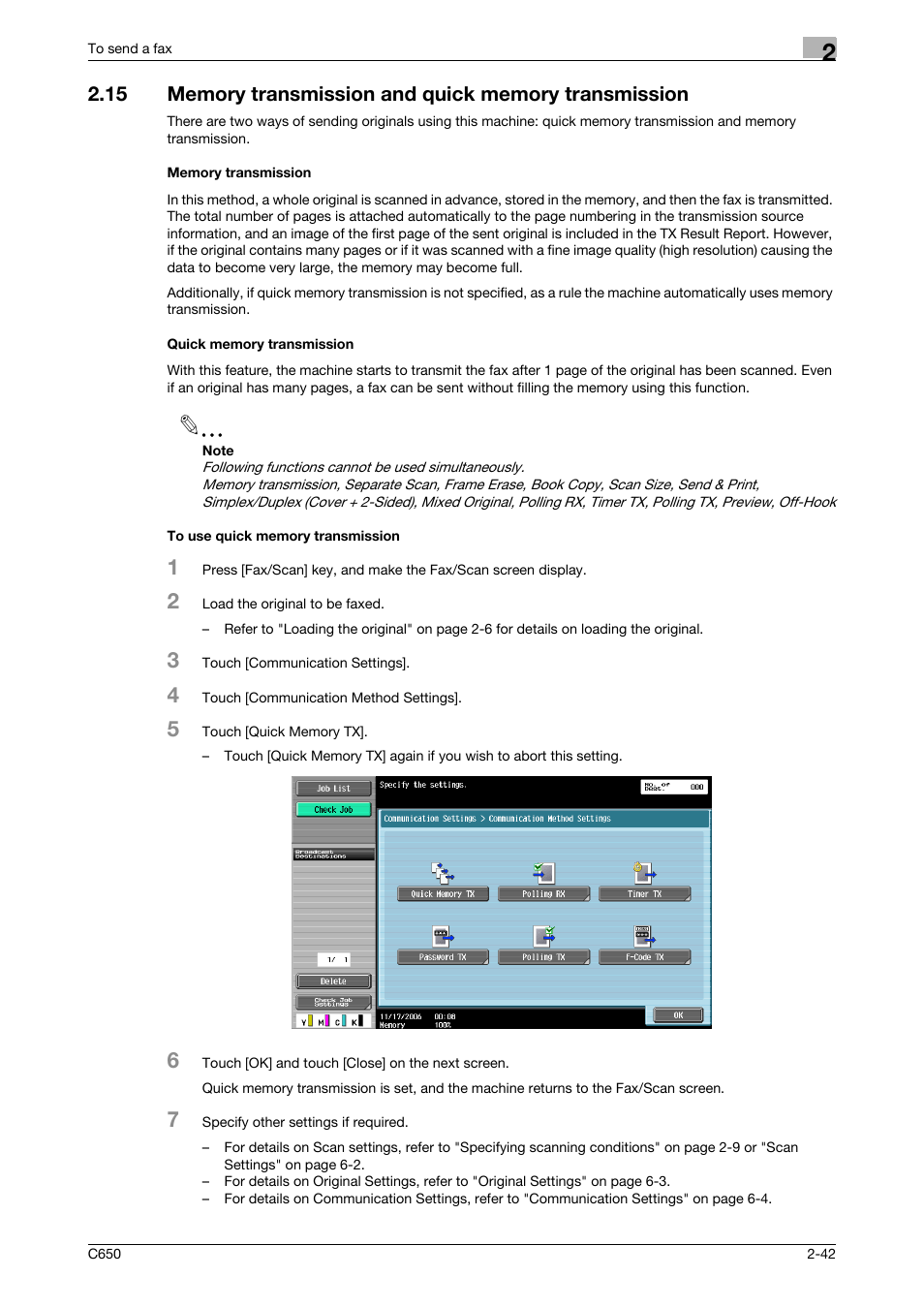 Memory transmission, Quick memory transmission, To use quick memory transmission | Konica Minolta FK-502 User Manual | Page 84 / 361