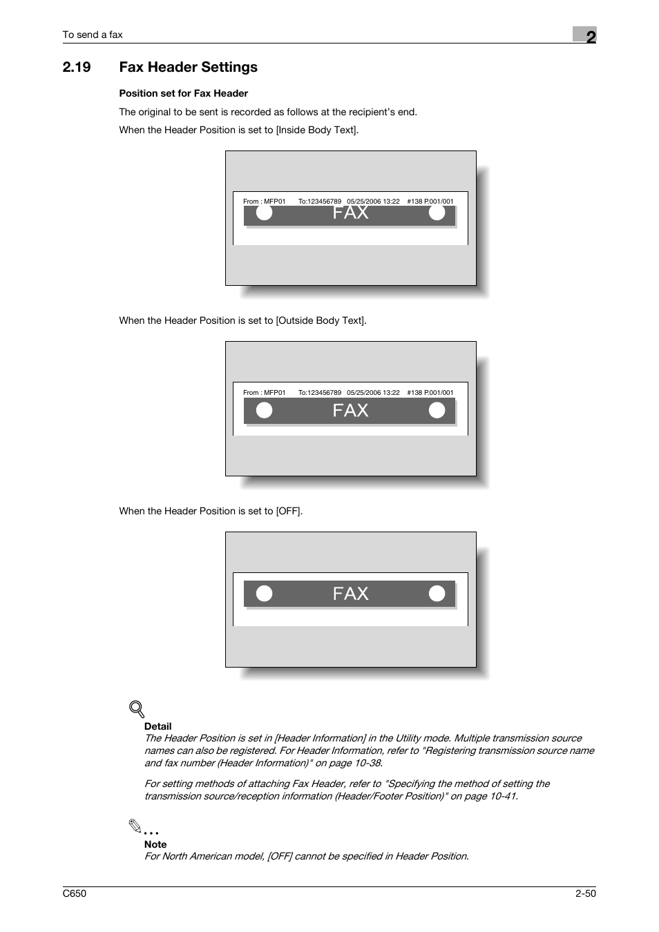 19 fax header settings, Position set for fax header | Konica Minolta FK-502 User Manual | Page 92 / 361