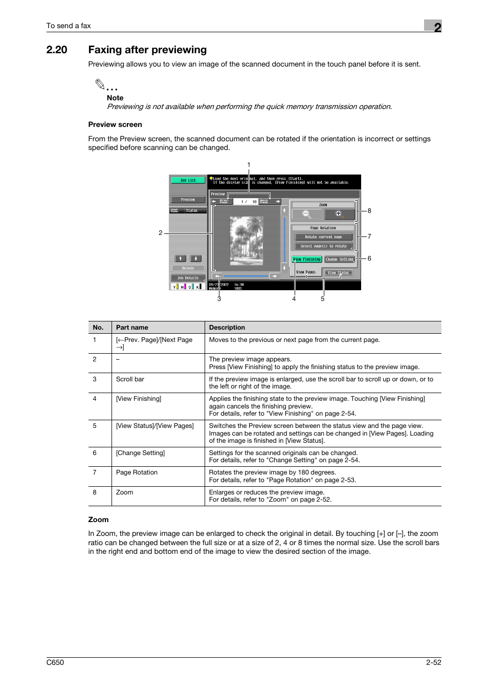 20 faxing after previewing, Preview screen, Zoom | Konica Minolta FK-502 User Manual | Page 94 / 361