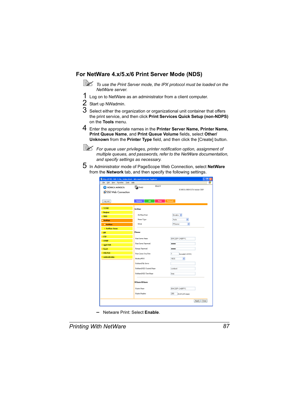 For netware 4.x/5.x/6 print server mode (nds), For netware 4.x/5.x/6 print server mode (nds) 87 | Konica Minolta bizhub C20PX User Manual | Page 105 / 342