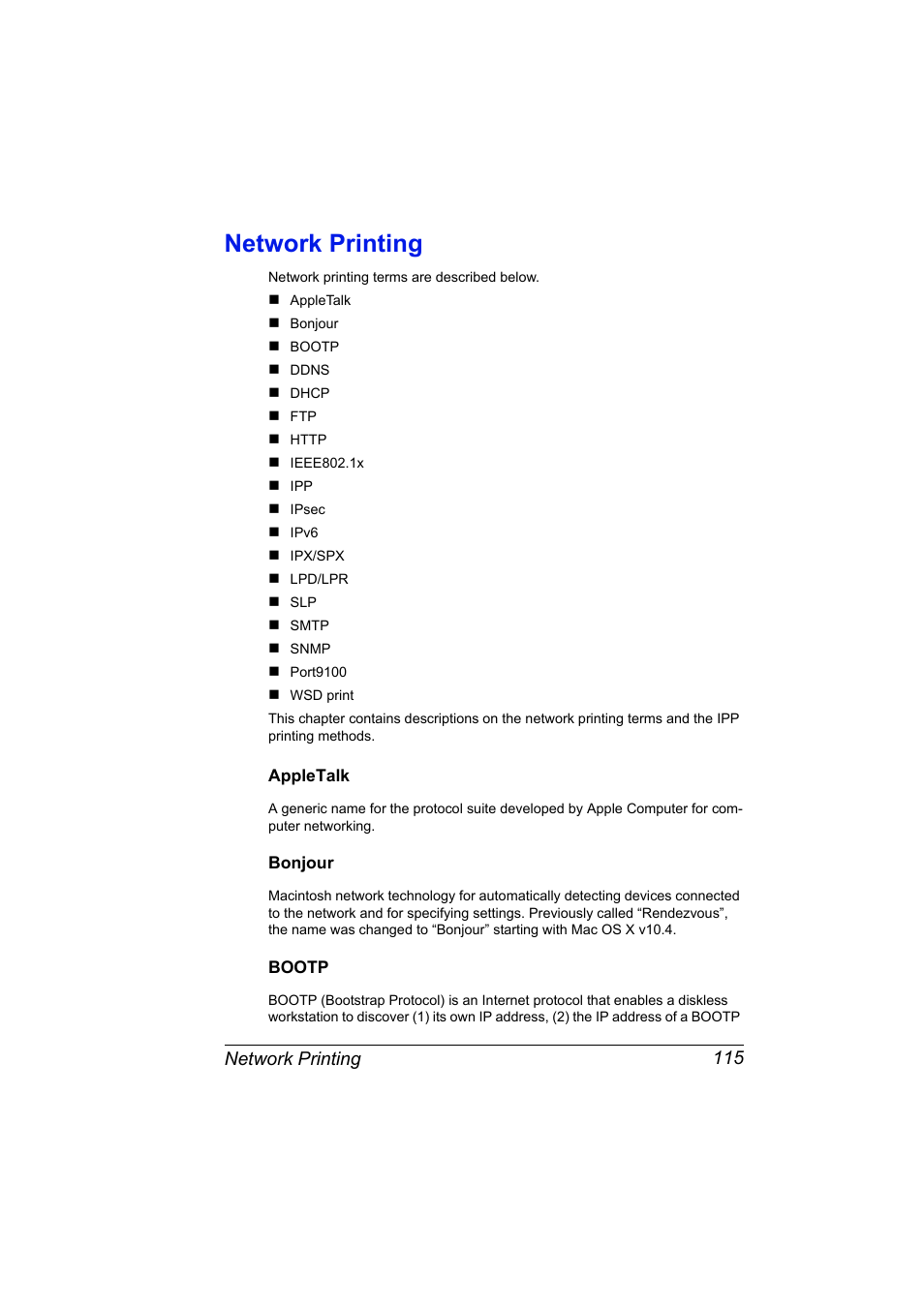 Network printing, Appletalk, Bonjour | Bootp, Network printing 115, Appletalk 115 bonjour 115 bootp 115 | Konica Minolta bizhub C20PX User Manual | Page 133 / 342