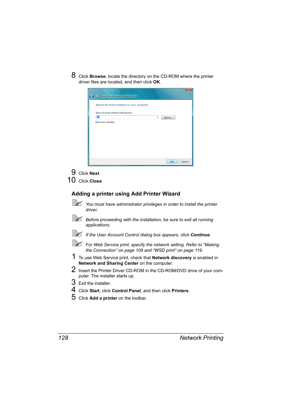 Adding a printer using add printer wizard, Adding a printer using add printer wizard 128 | Konica Minolta bizhub C20PX User Manual | Page 146 / 342