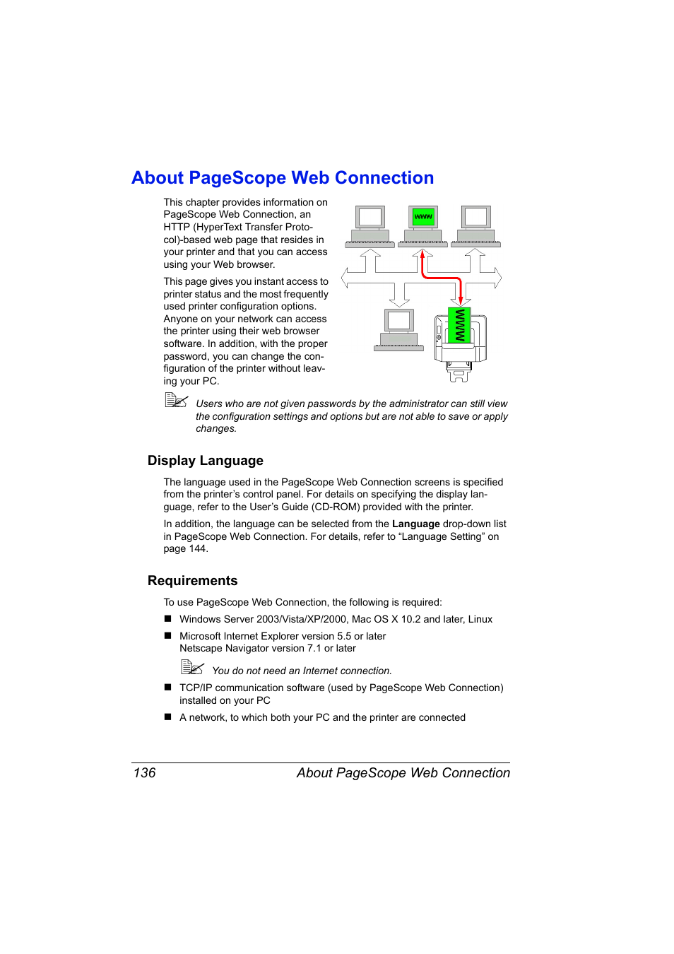 Display language, Requirements, Display language 136 requirements 136 | About pagescope web connection | Konica Minolta bizhub C20PX User Manual | Page 154 / 342
