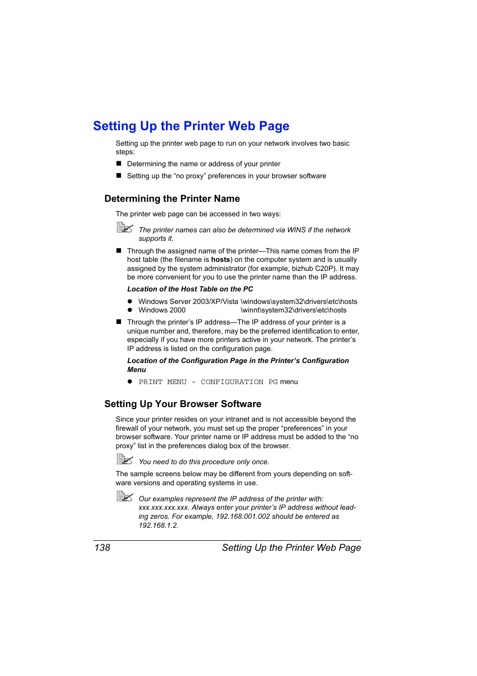 Determining the printer name, Setting up your browser software, Setting up the printer web page | Konica Minolta bizhub C20PX User Manual | Page 156 / 342