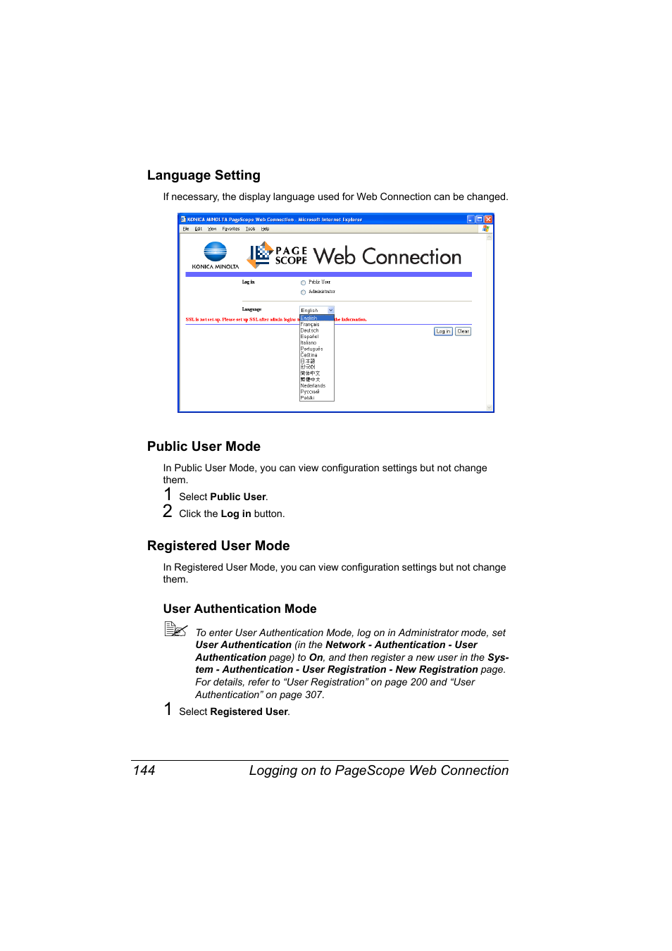 Language setting, Public user mode, Registered user mode | User authentication mode, User authentication mode 144 | Konica Minolta bizhub C20PX User Manual | Page 162 / 342