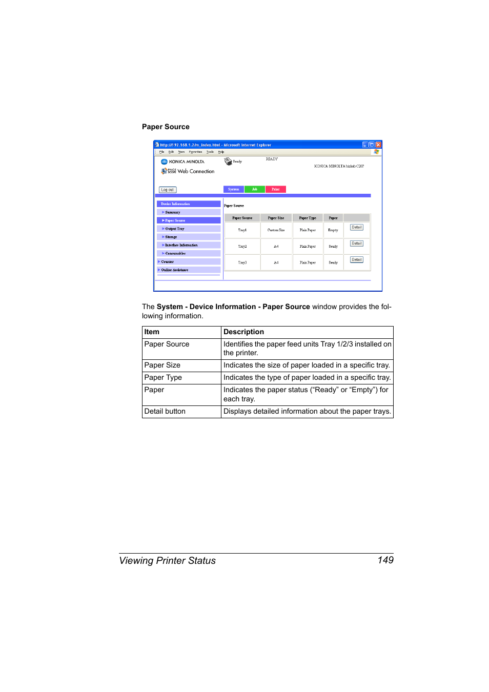 Viewing printer status 149 | Konica Minolta bizhub C20PX User Manual | Page 167 / 342