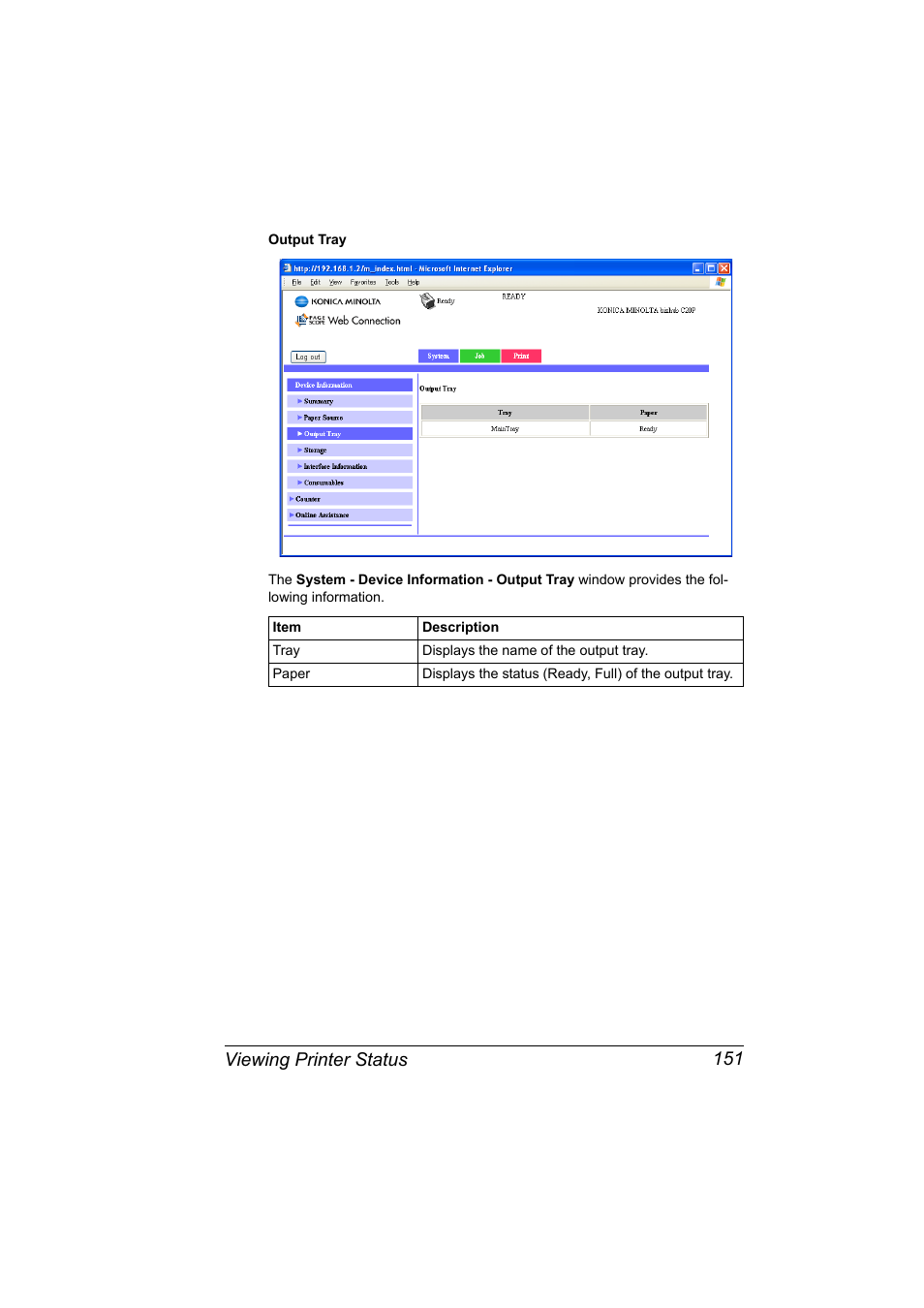 Viewing printer status 151 | Konica Minolta bizhub C20PX User Manual | Page 169 / 342