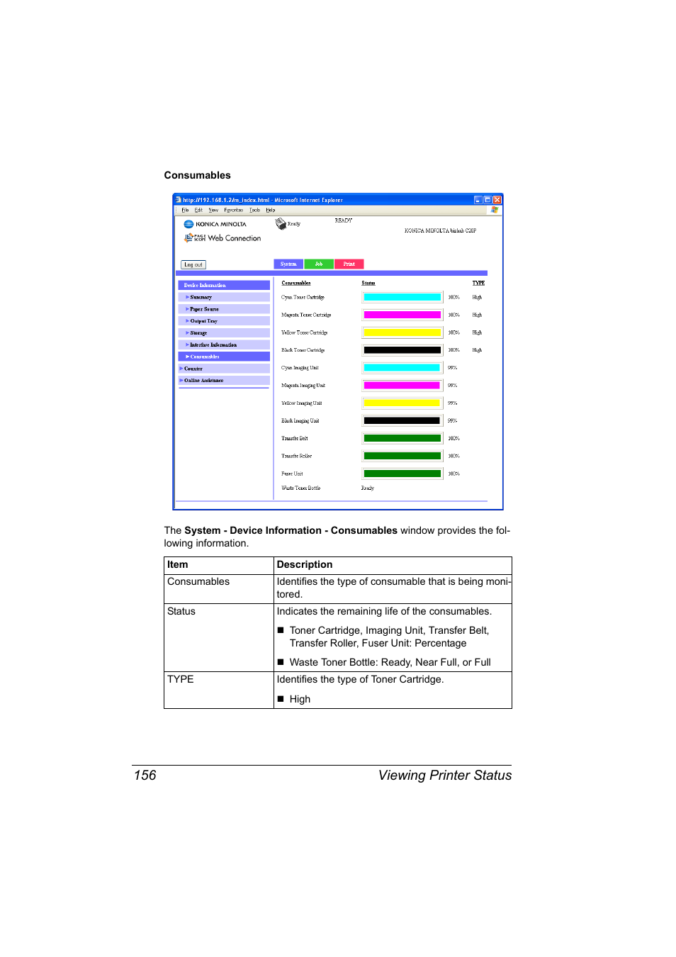 Viewing printer status 156 | Konica Minolta bizhub C20PX User Manual | Page 174 / 342