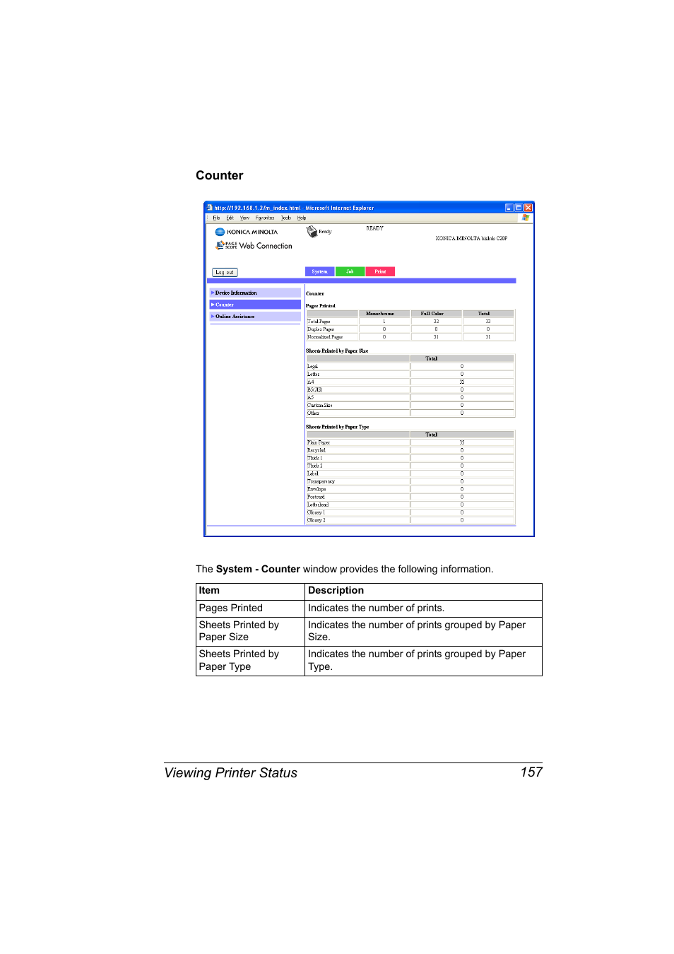 Counter, Counter 157, Viewing printer status 157 | Konica Minolta bizhub C20PX User Manual | Page 175 / 342