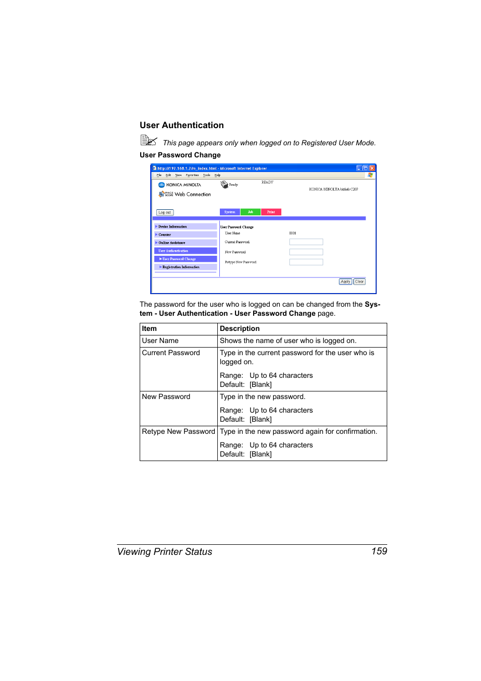 User authentication, User authentication 159, Viewing printer status 159 | Konica Minolta bizhub C20PX User Manual | Page 177 / 342