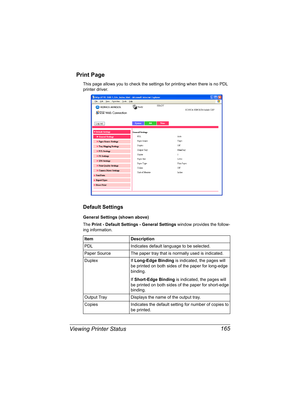 Default settings, Default settings 165, Viewing printer status 165 print page | Konica Minolta bizhub C20PX User Manual | Page 183 / 342