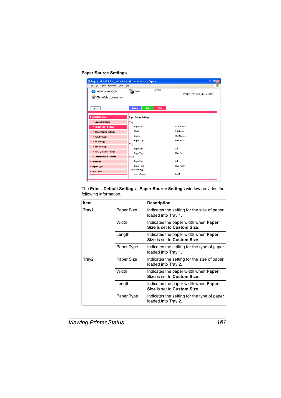 Viewing printer status 167 | Konica Minolta bizhub C20PX User Manual | Page 185 / 342