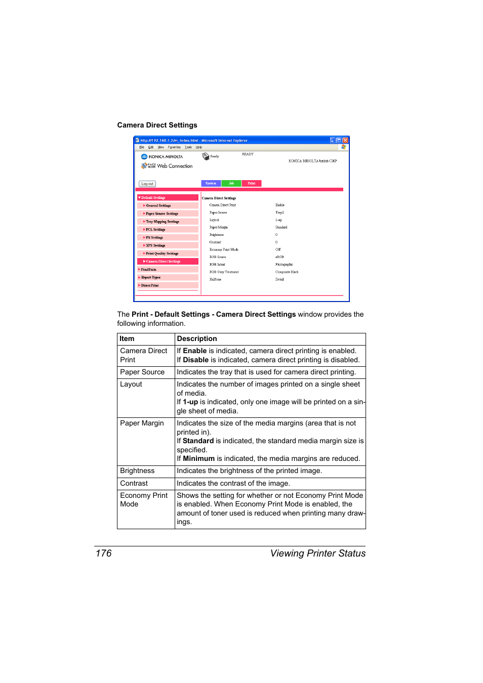 Viewing printer status 176 | Konica Minolta bizhub C20PX User Manual | Page 194 / 342